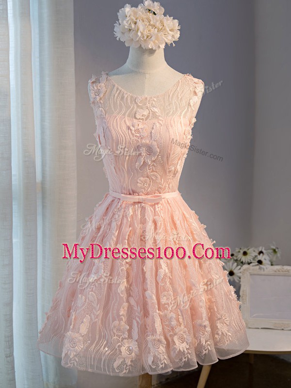 Scoop Sleeveless Tulle Prom Evening Gown Appliques and Belt Lace Up