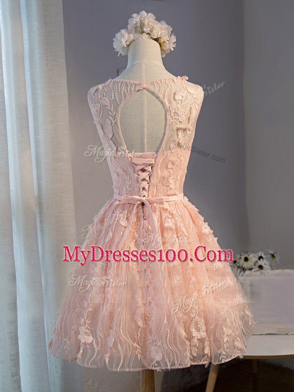 Scoop Sleeveless Tulle Prom Evening Gown Appliques and Belt Lace Up