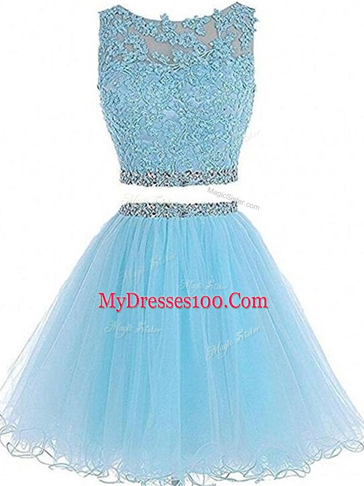 Sleeveless Tulle Mini Length Zipper Party Dresses in Aqua Blue with Beading and Lace and Appliques