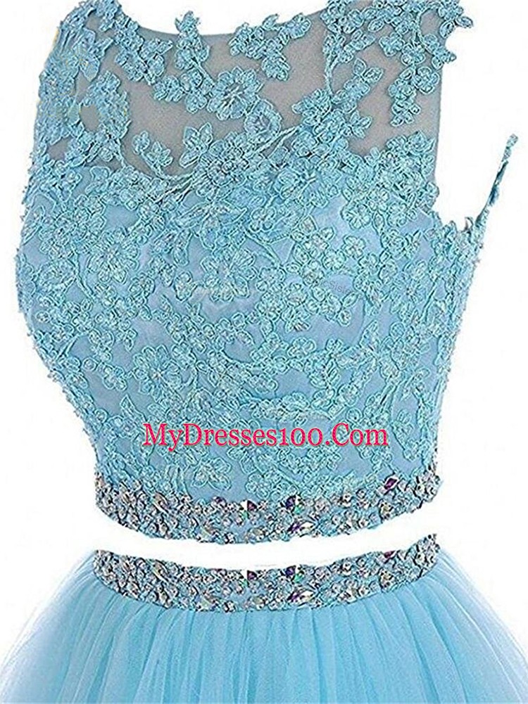 Sleeveless Tulle Mini Length Zipper Party Dresses in Aqua Blue with Beading and Lace and Appliques