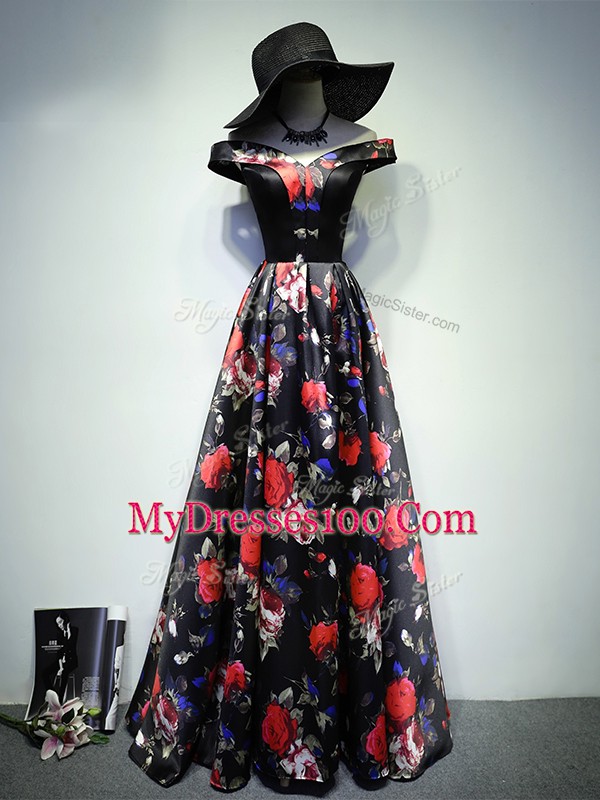 Luxury Multi-color A-line Off The Shoulder Sleeveless Printed Floor Length Lace Up Ruching Evening Dress