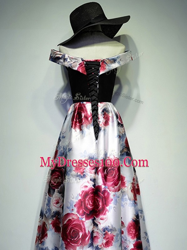 Luxury Multi-color A-line Off The Shoulder Sleeveless Printed Floor Length Lace Up Ruching Evening Dress