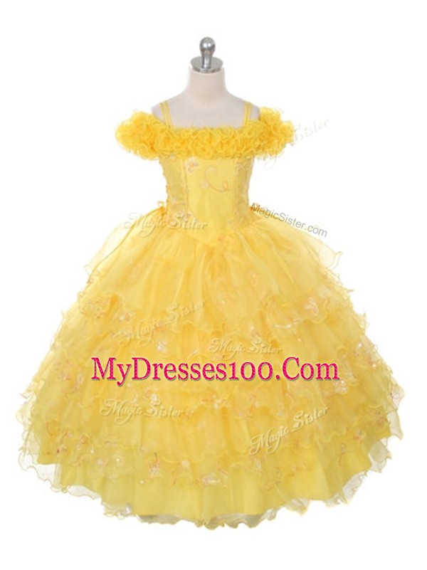 Floor Length Yellow Pageant Gowns For Girls Organza Sleeveless Ruffles and Ruffled Layers