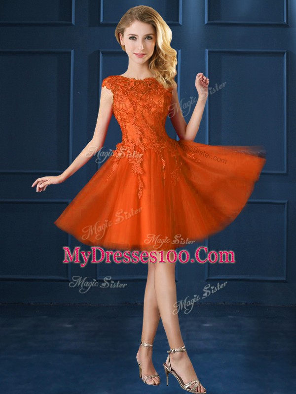 Comfortable Orange Red Tulle Lace Up Vestidos de Damas Cap Sleeves Knee Length Lace and Belt