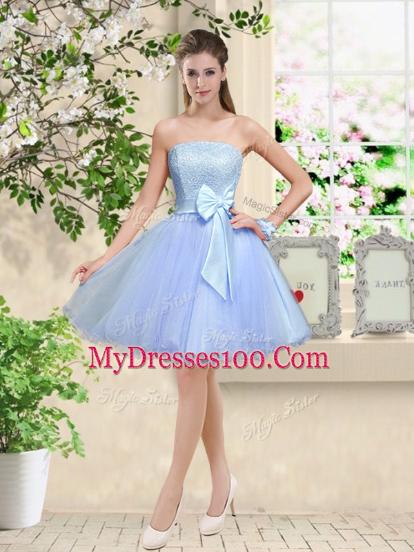Classical Lavender Sleeveless Knee Length Lace and Belt Lace Up Bridesmaid Dress