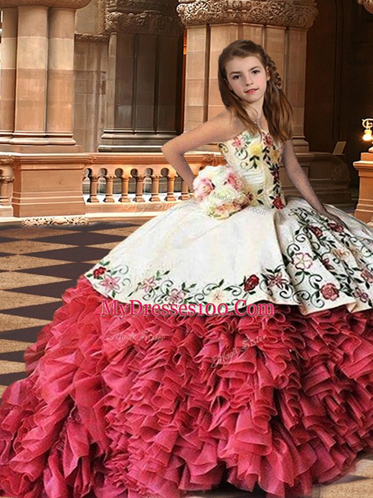 White And Red Strapless Lace Up Embroidery and Ruffles Girls Pageant Dresses Brush Train Sleeveless