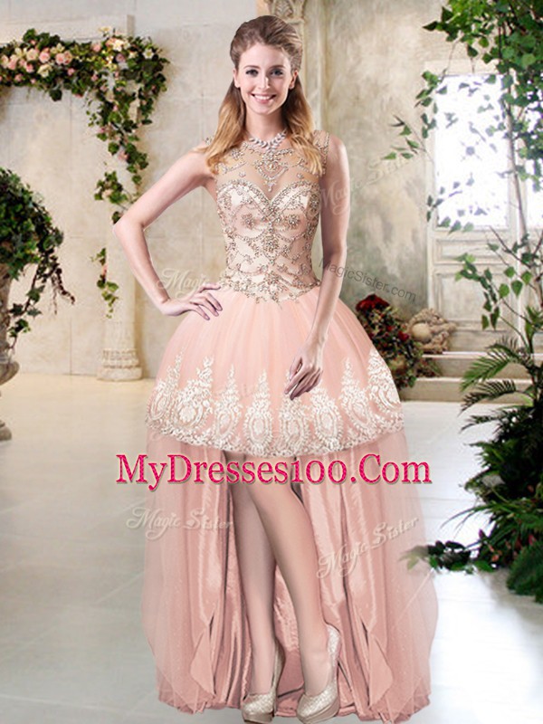Eye-catching Scoop Sleeveless Zipper Prom Evening Gown Peach Tulle