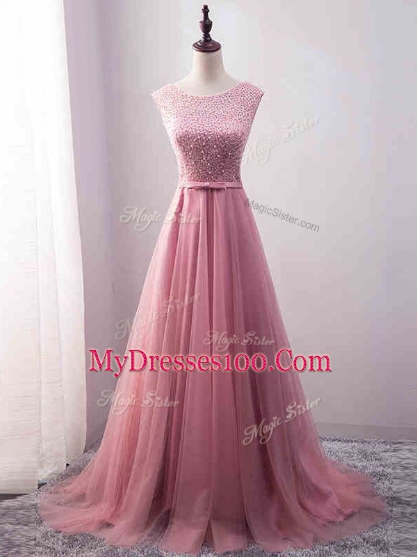 Pink A-line Beading and Belt Homecoming Gowns Zipper Tulle Sleeveless