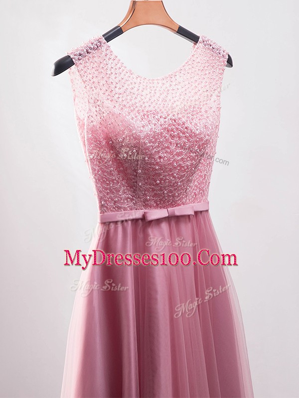 Pink A-line Beading and Belt Homecoming Gowns Zipper Tulle Sleeveless