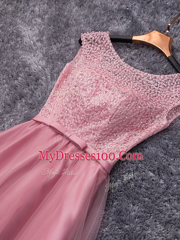 Pink A-line Beading and Belt Homecoming Gowns Zipper Tulle Sleeveless