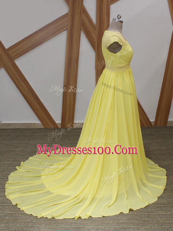 Chiffon Short Sleeves Brush Train and Lace and Appliques