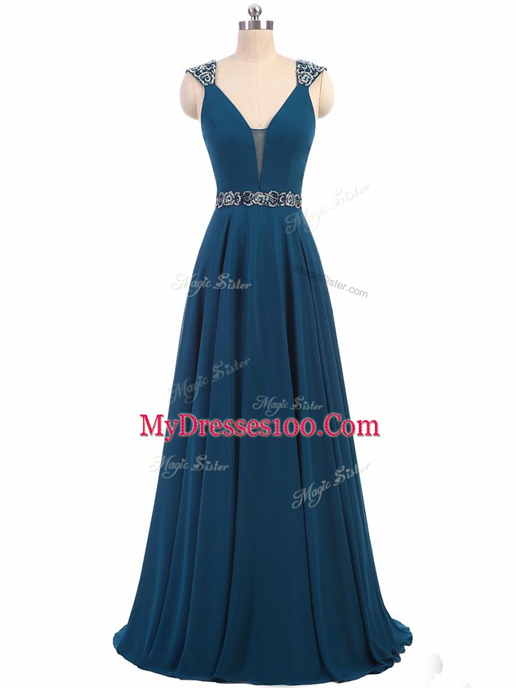 Teal Cap Sleeves Beading Floor Length Prom Evening Gown