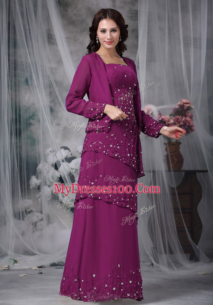 High End Purple Empire Beading Mother of Bride Dresses Zipper Chiffon Sleeveless Floor Length