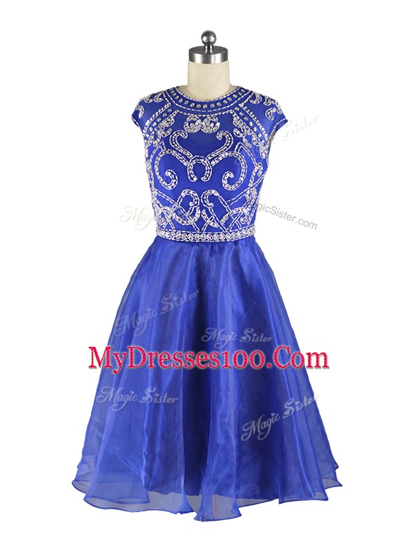 Cute Cap Sleeves Organza Mini Length Zipper Prom Dress in Blue with Beading