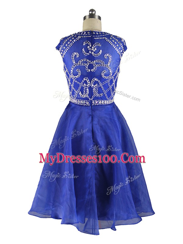 Cute Cap Sleeves Organza Mini Length Zipper Prom Dress in Blue with Beading