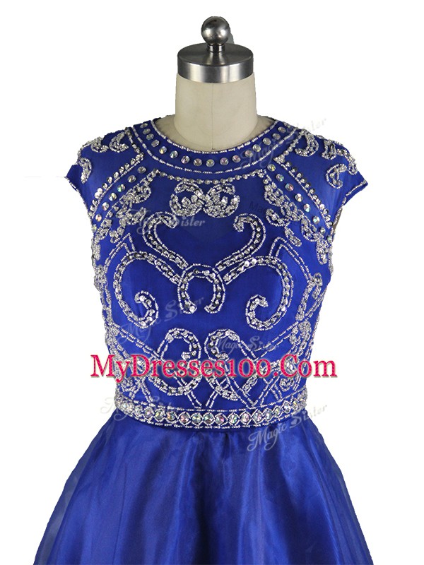 Cute Cap Sleeves Organza Mini Length Zipper Prom Dress in Blue with Beading