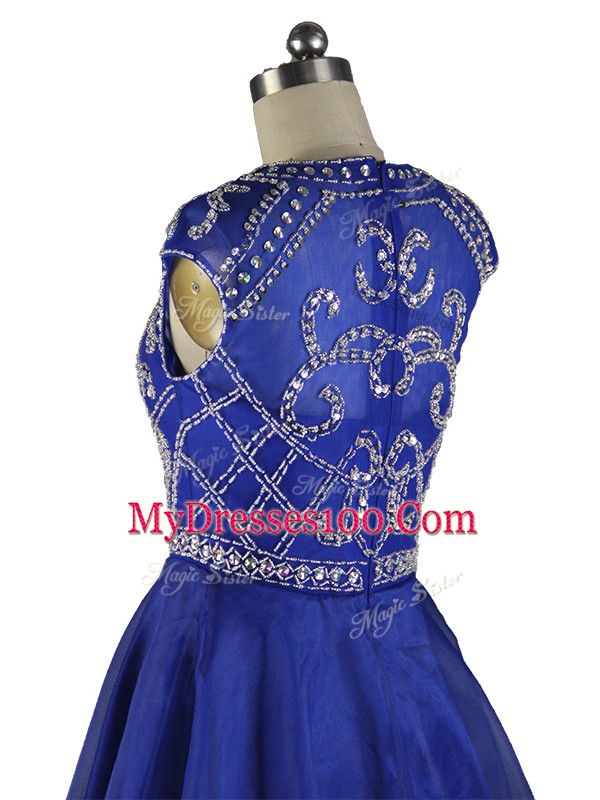 Cute Cap Sleeves Organza Mini Length Zipper Prom Dress in Blue with Beading