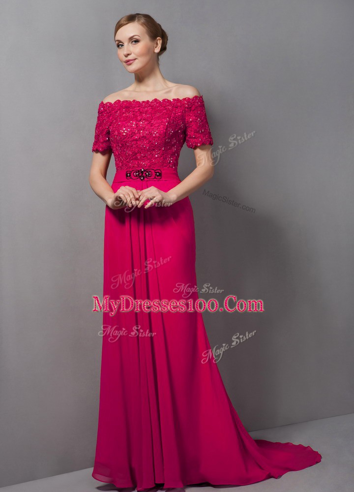 Sweep Train Empire Mother Of The Bride Dress Hot Pink Off The Shoulder Chiffon Short Sleeves Zipper