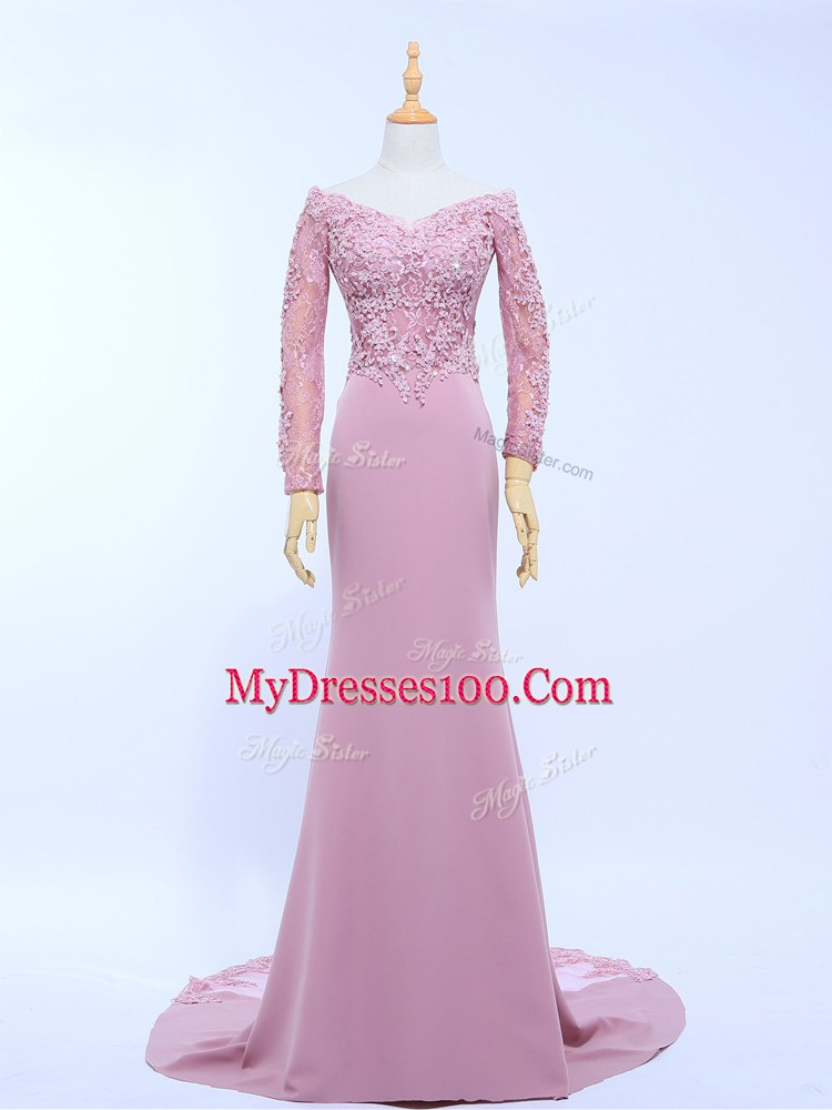 Luxury Lilac Long Sleeves Brush Train Lace and Appliques Mother Of The Bride Dress