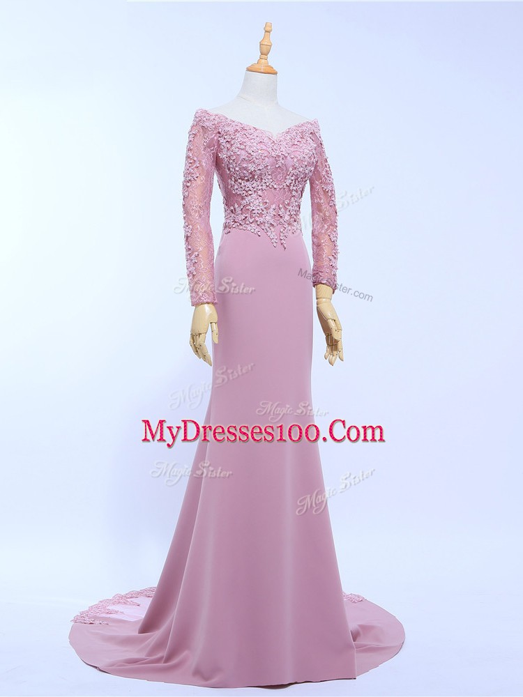 Luxury Lilac Long Sleeves Brush Train Lace and Appliques Mother Of The Bride Dress