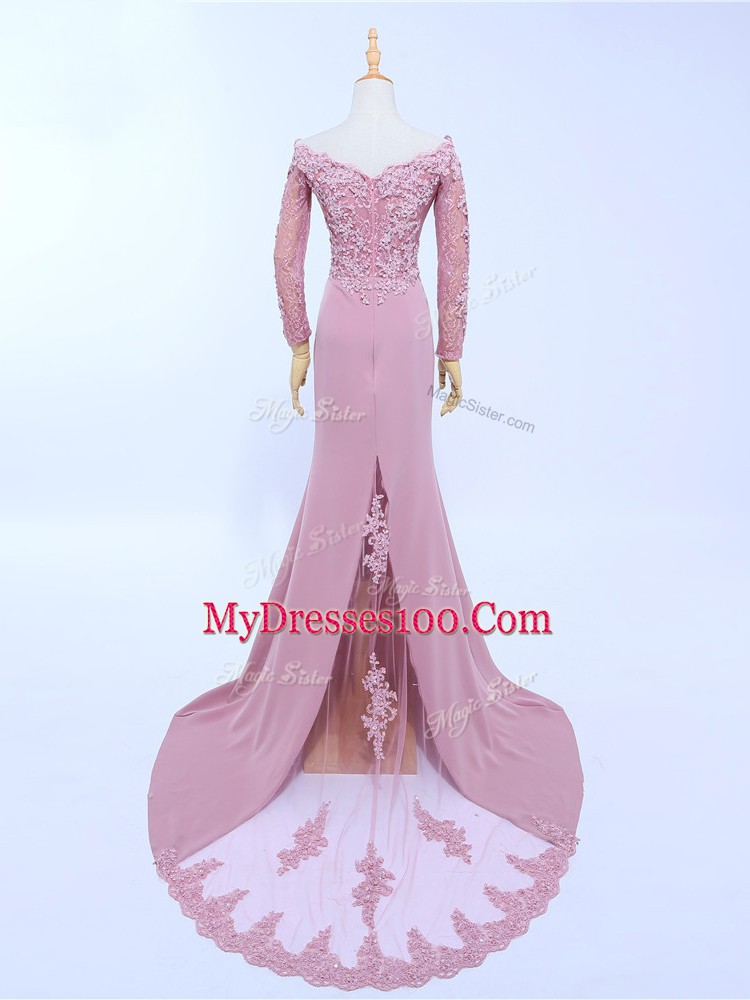 Luxury Lilac Long Sleeves Brush Train Lace and Appliques Mother Of The Bride Dress