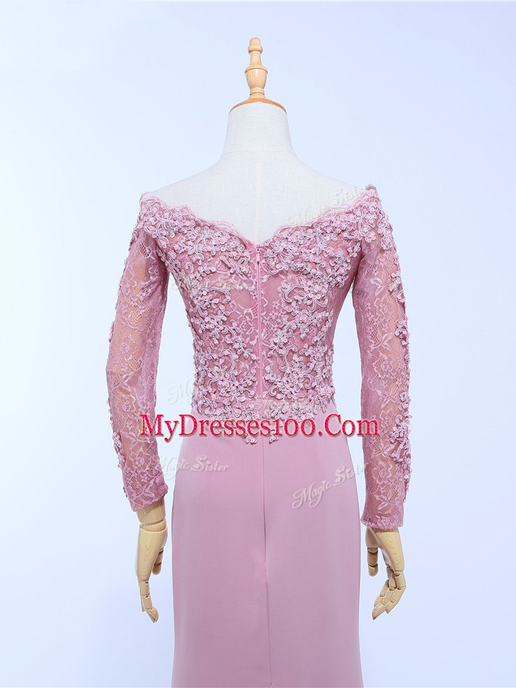 Luxury Lilac Long Sleeves Brush Train Lace and Appliques Mother Of The Bride Dress