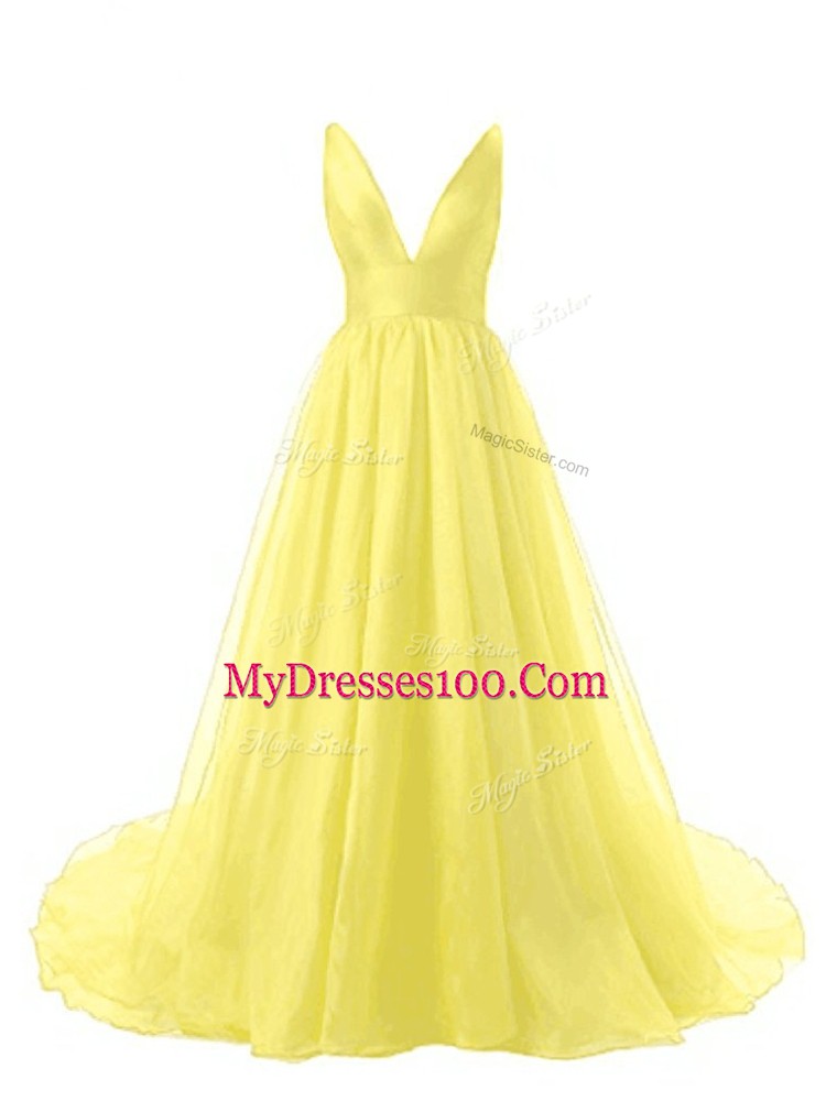 A-line Sleeveless Yellow Prom Dress Brush Train Backless