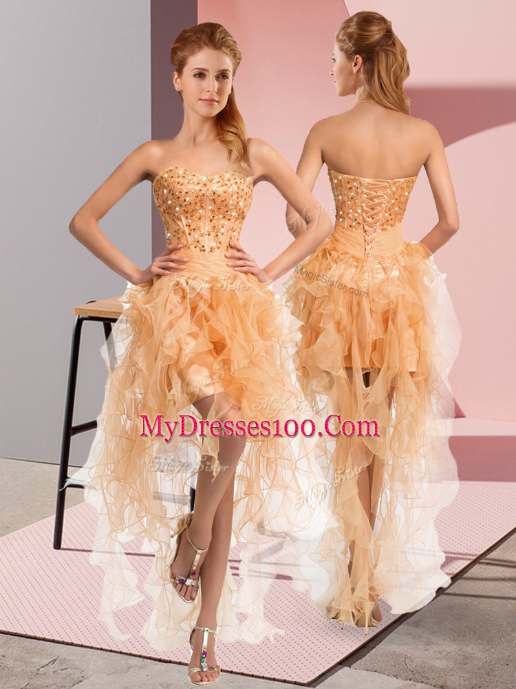 Gold Sleeveless Organza Lace Up Party Dresses for Prom and Party and Sweet 16