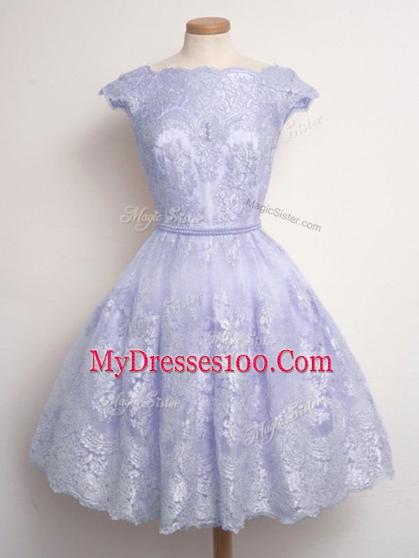 Superior Lavender Lace Lace Up Scalloped Cap Sleeves Knee Length Bridesmaid Gown Lace
