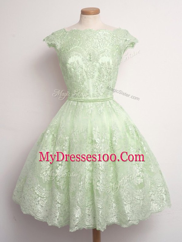 Yellow Green Scalloped Lace Up Lace Bridesmaid Dresses Cap Sleeves