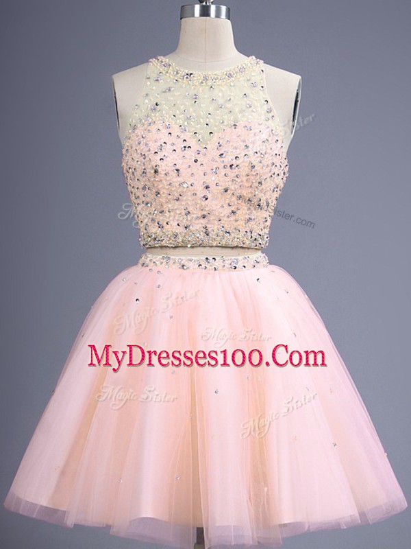 Peach Lace Up Quinceanera Dama Dress Beading Sleeveless Knee Length