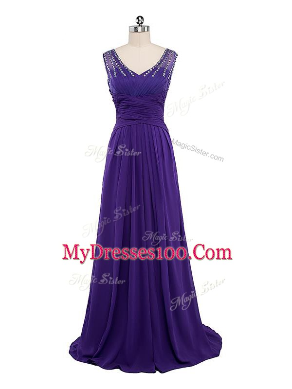 V-neck Sleeveless Side Zipper Purple Chiffon