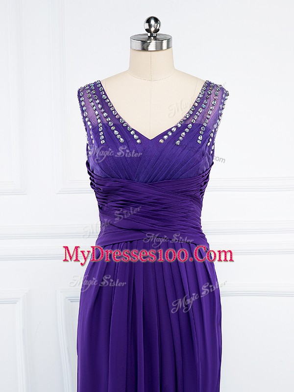 V-neck Sleeveless Side Zipper Purple Chiffon