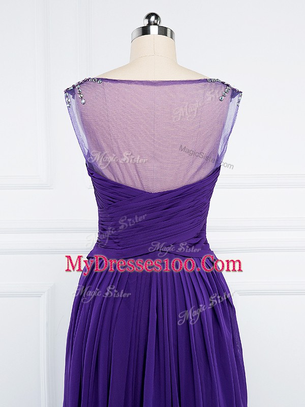 V-neck Sleeveless Side Zipper Purple Chiffon