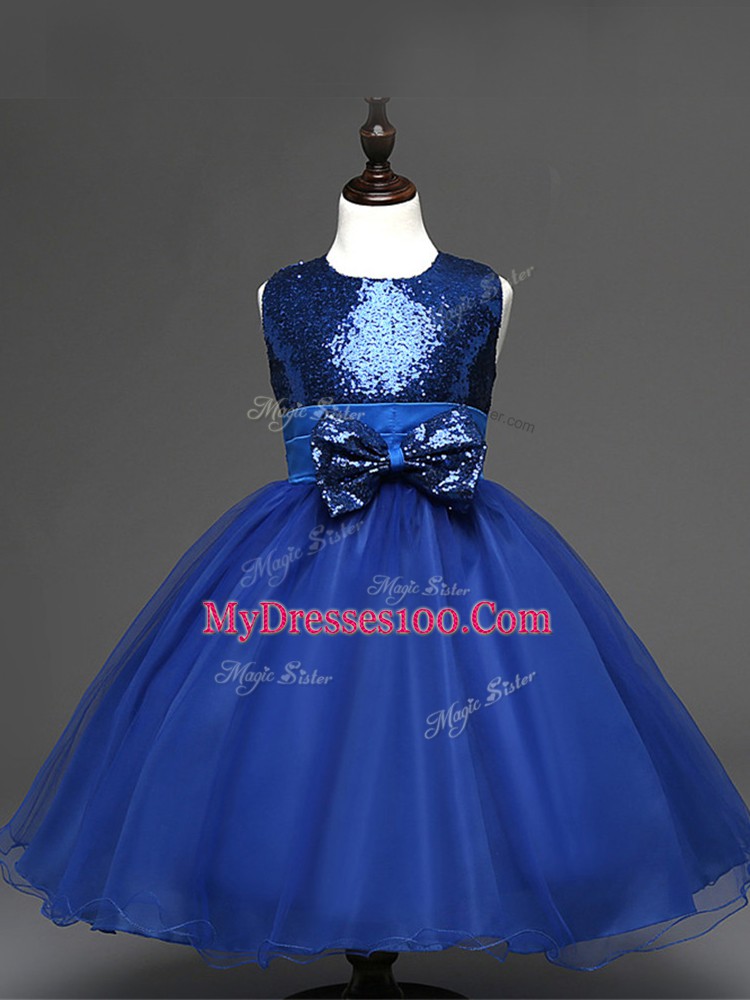 Best Tea Length Zipper Little Girls Pageant Gowns Royal Blue for Wedding Party with Sequins and Bowknot