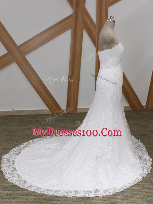 Mermaid Sleeveless White Wedding Gown Brush Train Lace Up