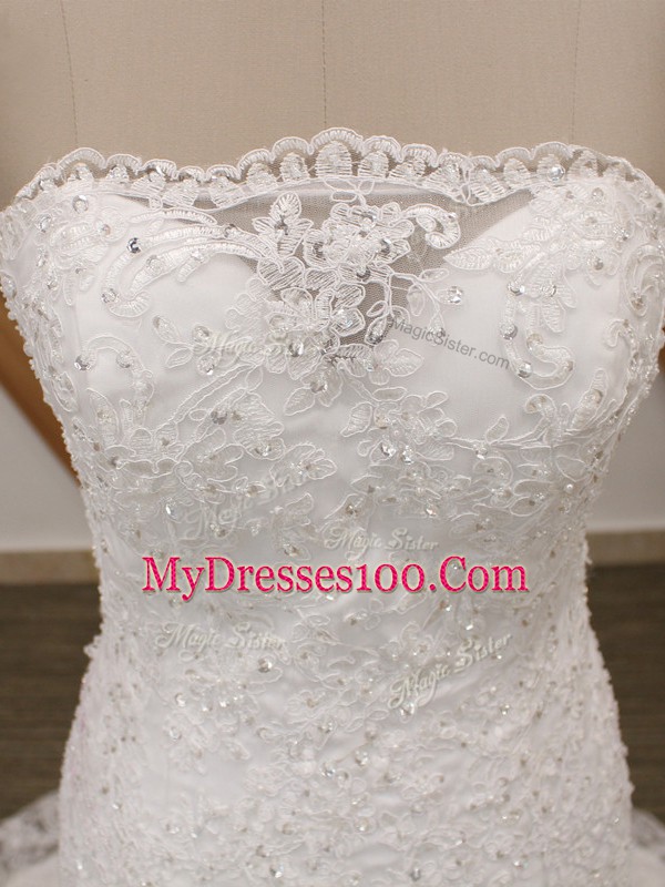 Mermaid Sleeveless White Wedding Gown Brush Train Lace Up