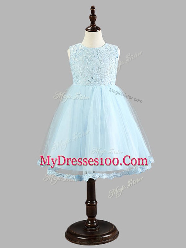 Hot Selling A-line Little Girls Pageant Dress Wholesale Light Blue Scoop Tulle Sleeveless Knee Length Zipper