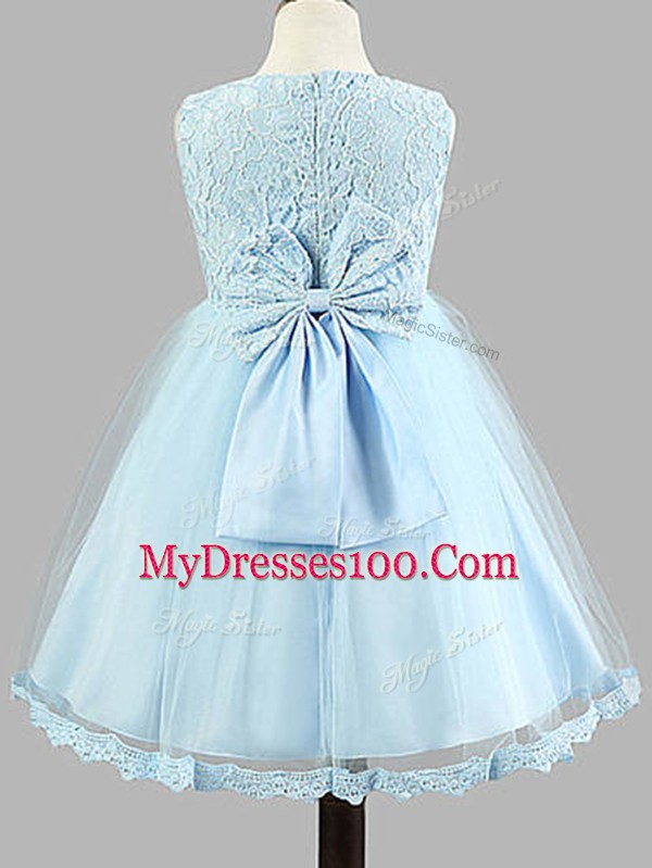 Hot Selling A-line Little Girls Pageant Dress Wholesale Light Blue Scoop Tulle Sleeveless Knee Length Zipper