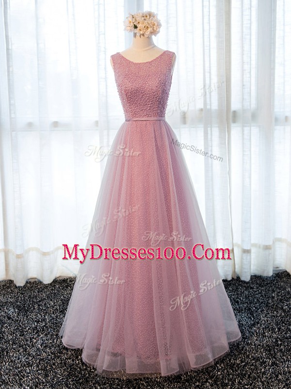 Cheap Floor Length Pink Evening Dress Tulle Sleeveless Beading and Belt