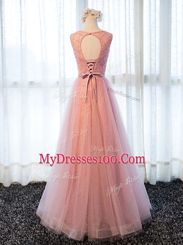 Cheap Floor Length Pink Evening Dress Tulle Sleeveless Beading and Belt