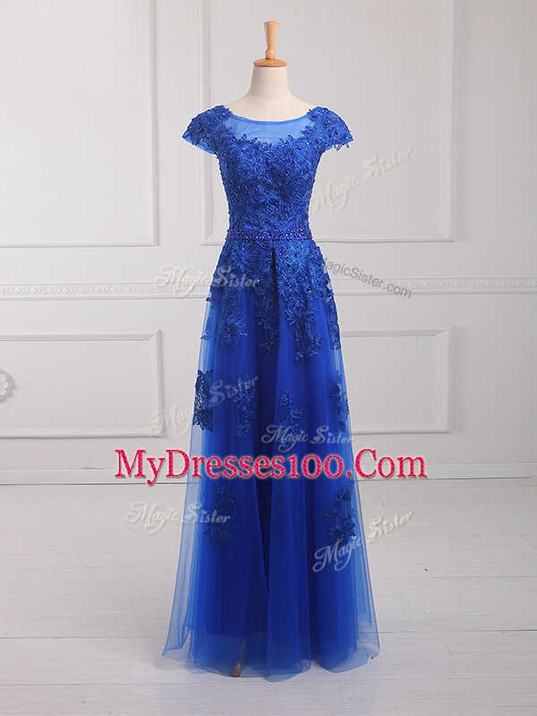 Best Selling Royal Blue Short Sleeves Beading and Lace and Appliques Floor Length Pageant Dress for Teens