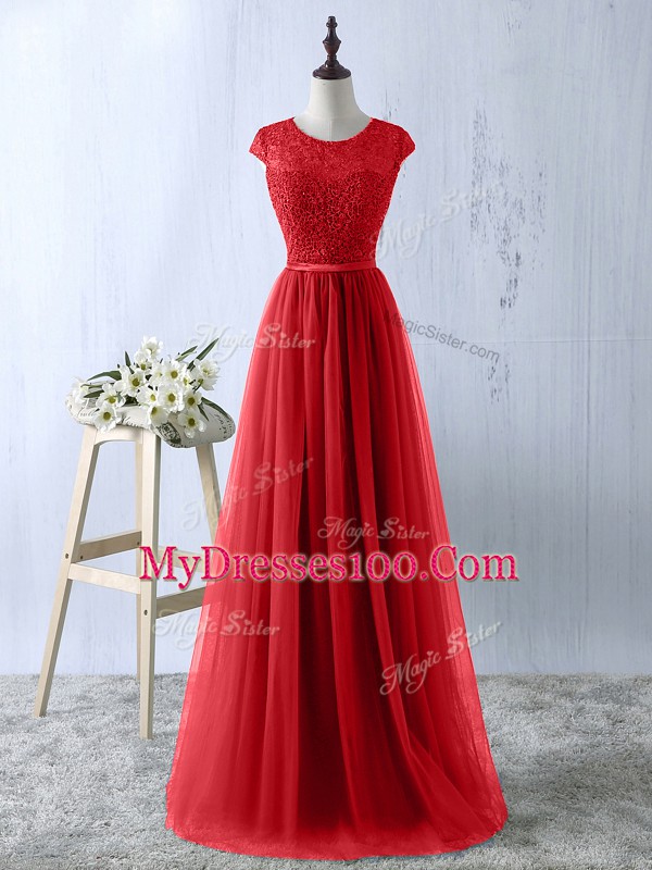 Discount Red A-line Tulle Scoop Short Sleeves Lace Floor Length Zipper Prom Gown