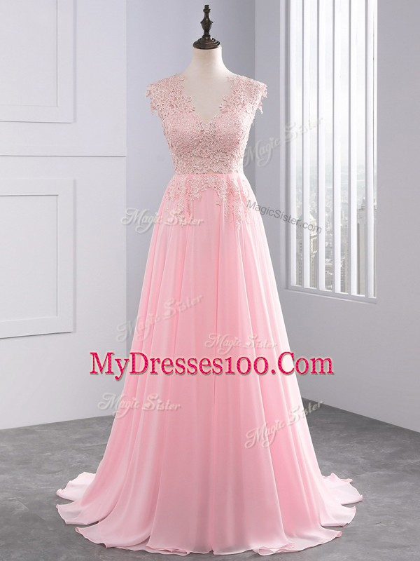 Baby Pink Side Zipper V-neck Appliques Homecoming Gowns Chiffon Sleeveless Brush Train