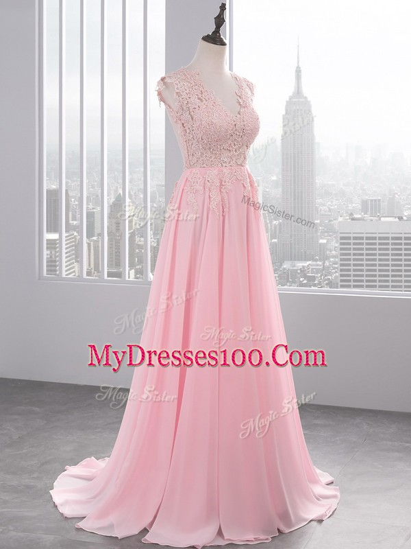 Baby Pink Side Zipper V-neck Appliques Homecoming Gowns Chiffon Sleeveless Brush Train