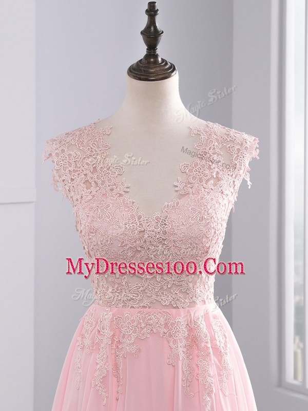Baby Pink Side Zipper V-neck Appliques Homecoming Gowns Chiffon Sleeveless Brush Train