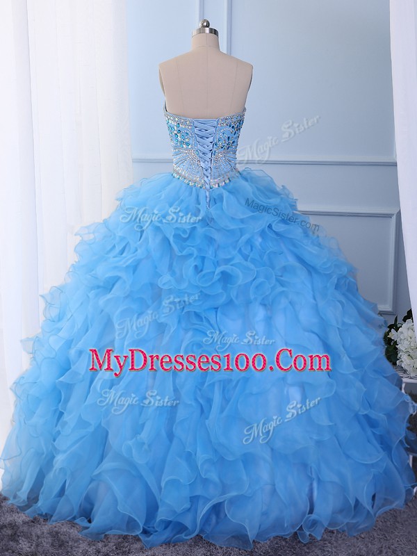 Baby Blue Sleeveless Organza Lace Up Quinceanera Gown for Prom and Party and Military Ball and Sweet 16 and Quinceanera
