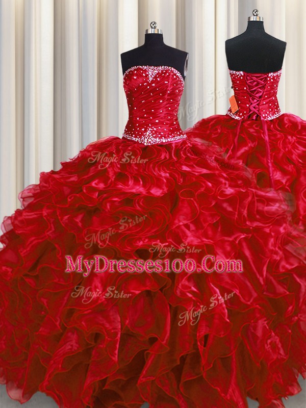 Flare Organza Strapless Sleeveless Lace Up Beading and Ruffles Quinceanera Dress in Wine Red