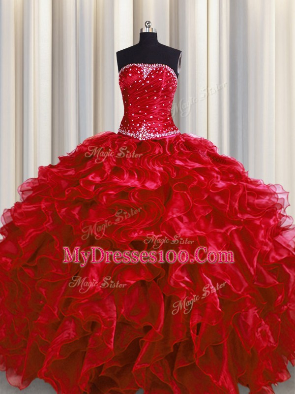 Flare Organza Strapless Sleeveless Lace Up Beading and Ruffles Quinceanera Dress in Wine Red