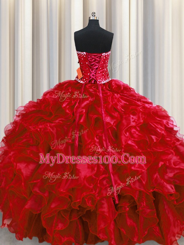 Flare Organza Strapless Sleeveless Lace Up Beading and Ruffles Quinceanera Dress in Wine Red